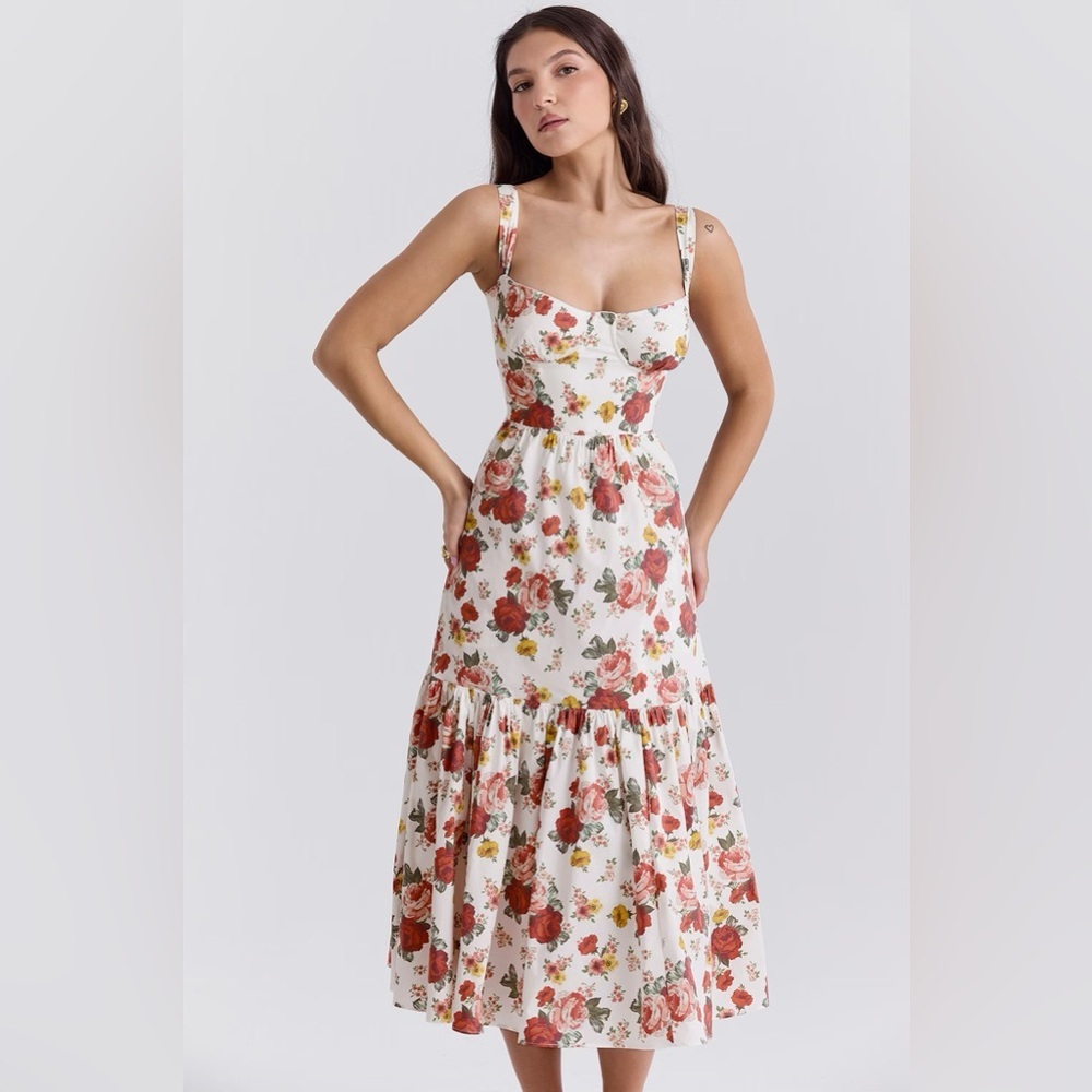 House of CB Elia Italian Rose Print Cotton Midi Sundress Plus cup - Picture 2 of 7